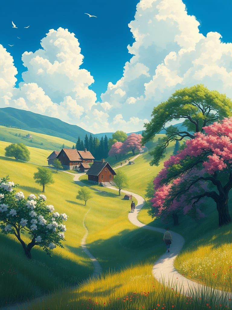 Serene Summer Village in Traditional Sumi-e Style