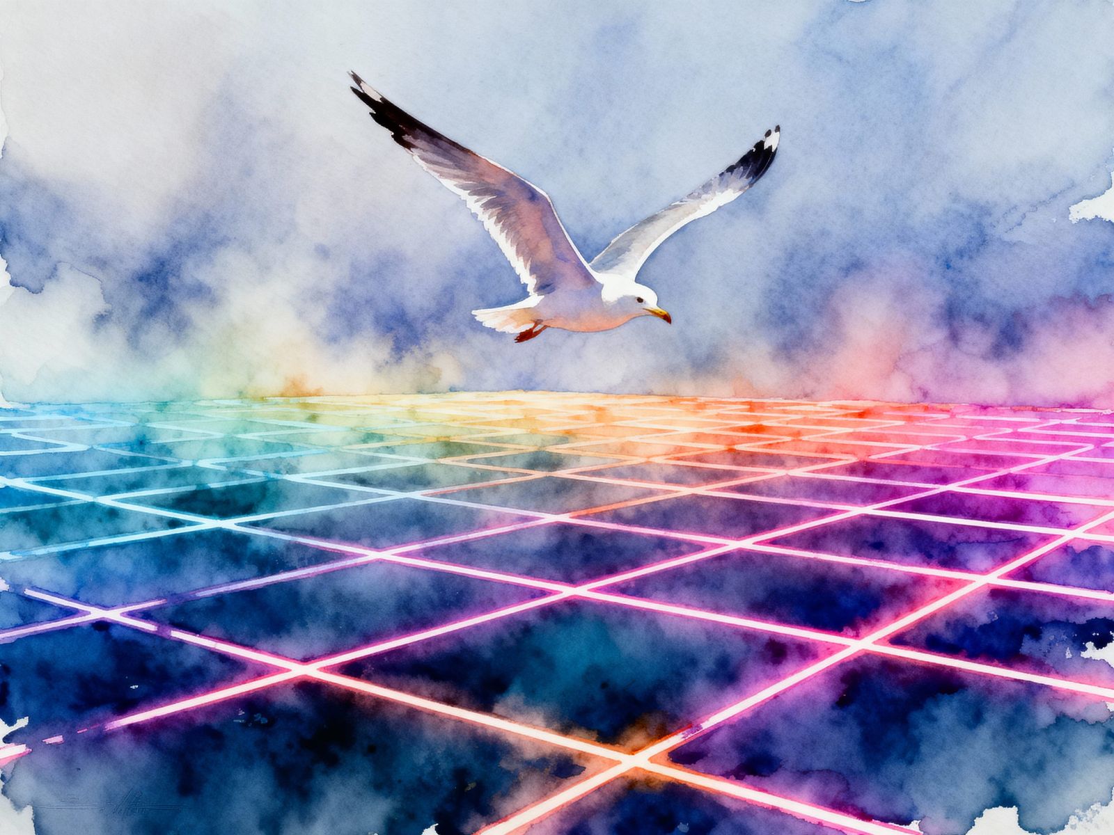 Seagull Gliding Over Neon Wireframe Plateau in Watercolor