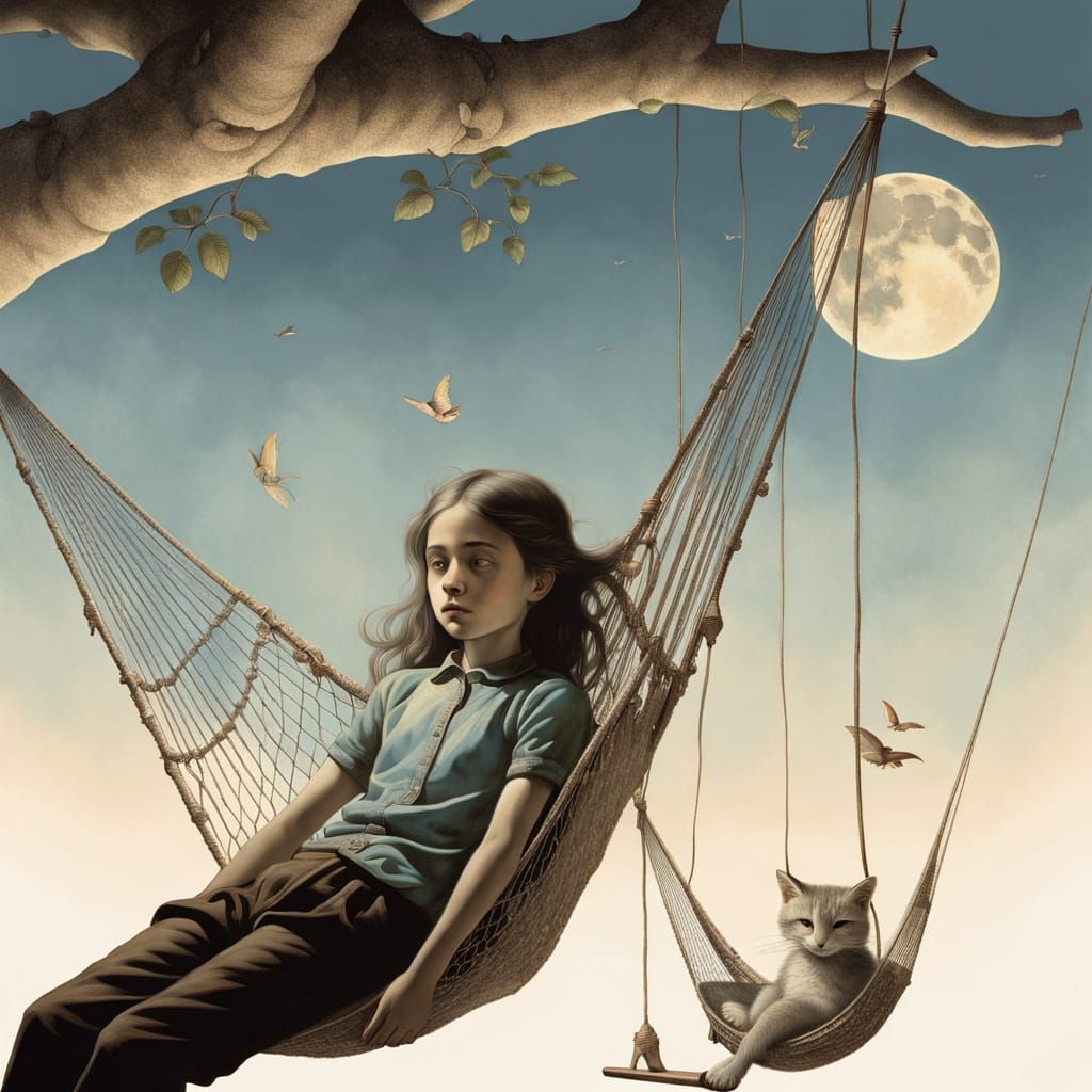 Girl in Hammock, Inspired by Beksiński's Surrealism, in a Re...