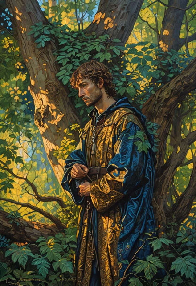 Adam in Mystical Forest: Renaissance Oil Painting