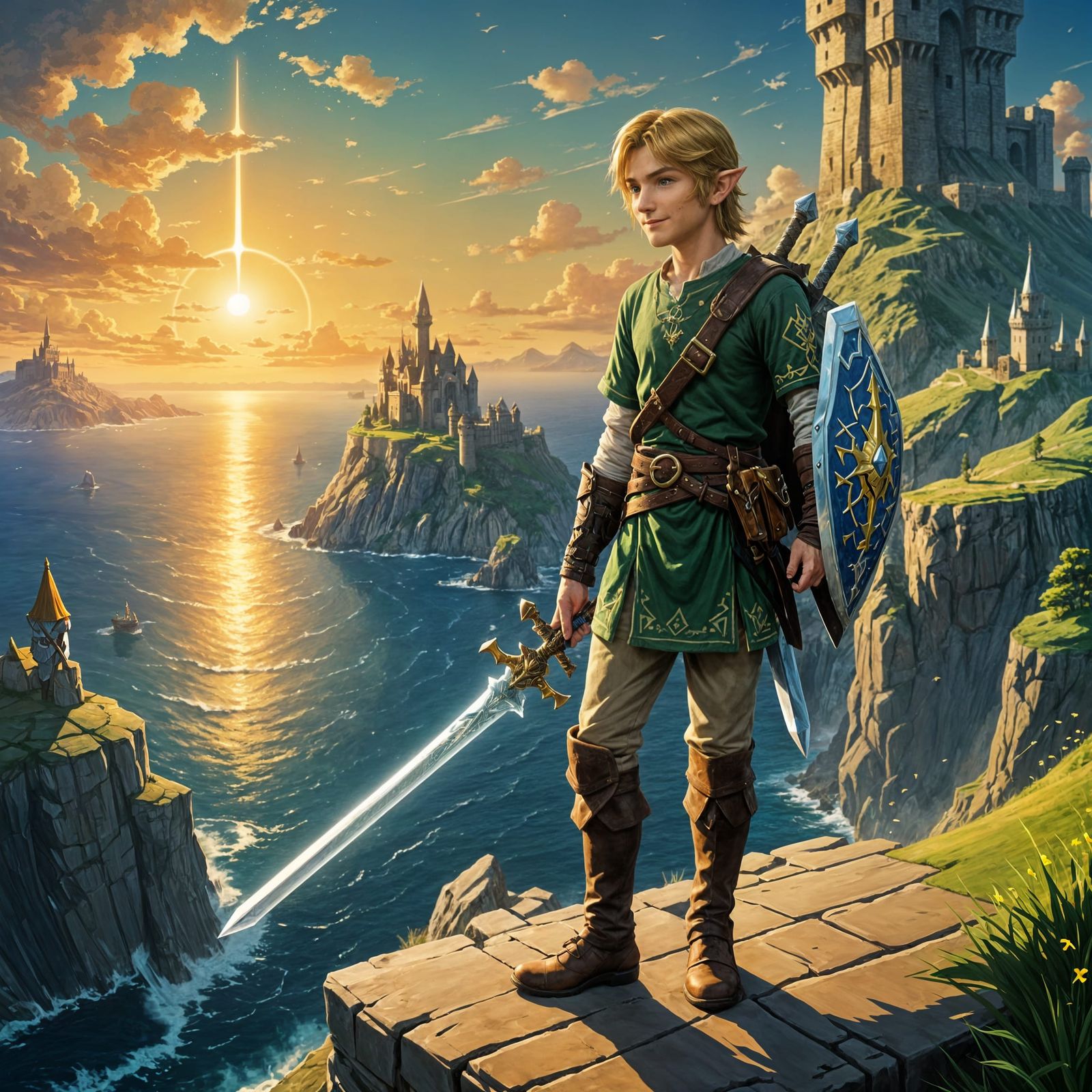 Confident Link at Sunrise Over Hyrule