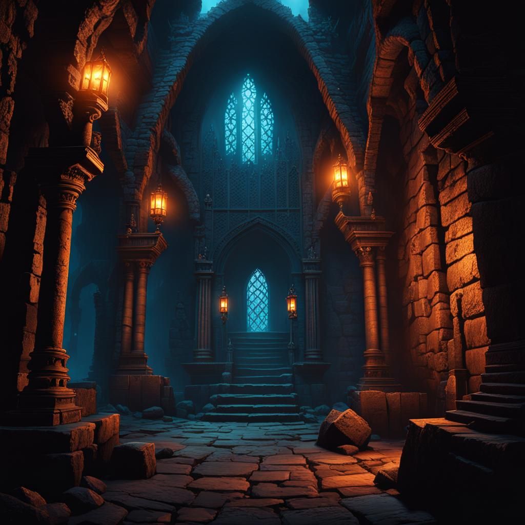 Mysterious Dungeon with Ancient Runes and Monsters