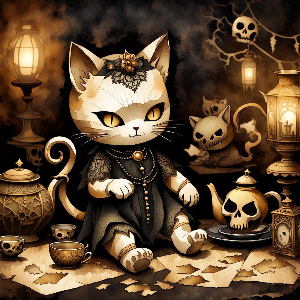 Eerie Chibi Devil Cat in Macabre Watercolor