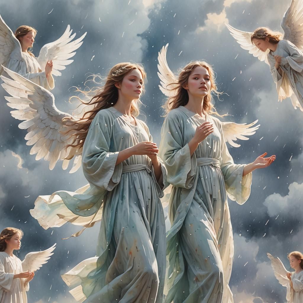 Angels Gather Raindrops in Ethereal Pastel Sky