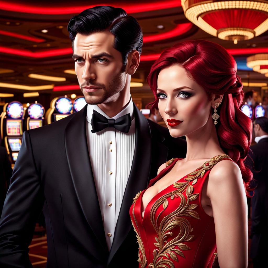 Vibrant Red-Haired Woman and Black-Haired Man Portrait