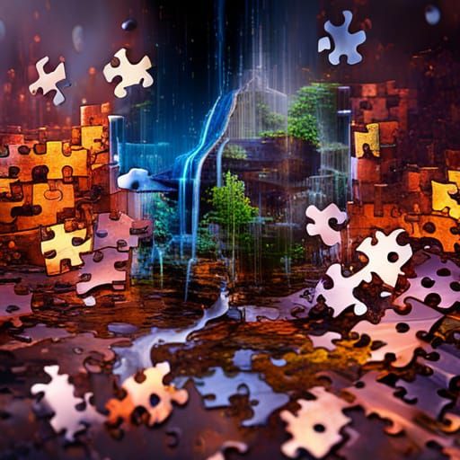 Puzzle Pieces Floating in Glass Water: Fantasy Concept Art