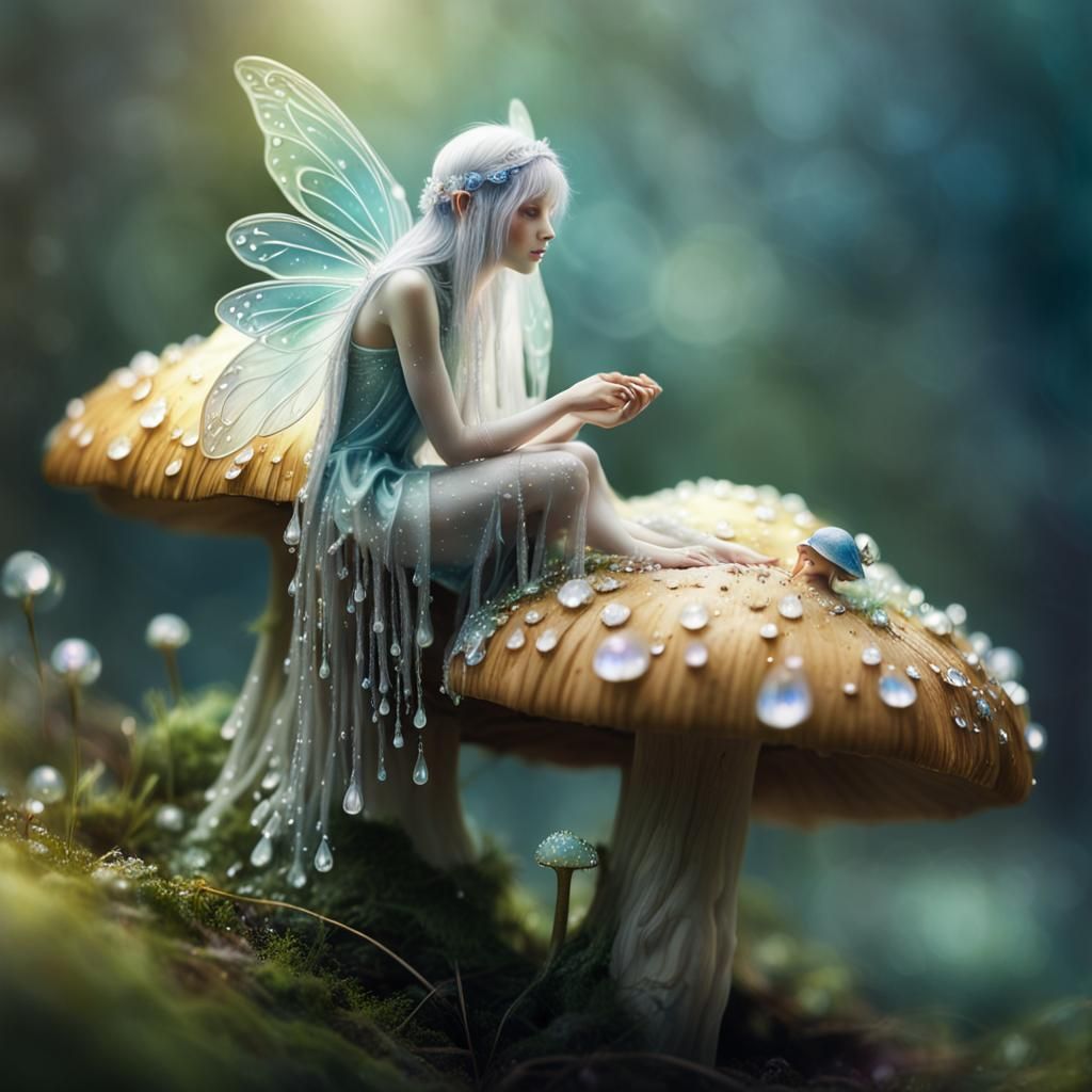 Enchanting Fairy on Mushroom in Watercolor Style