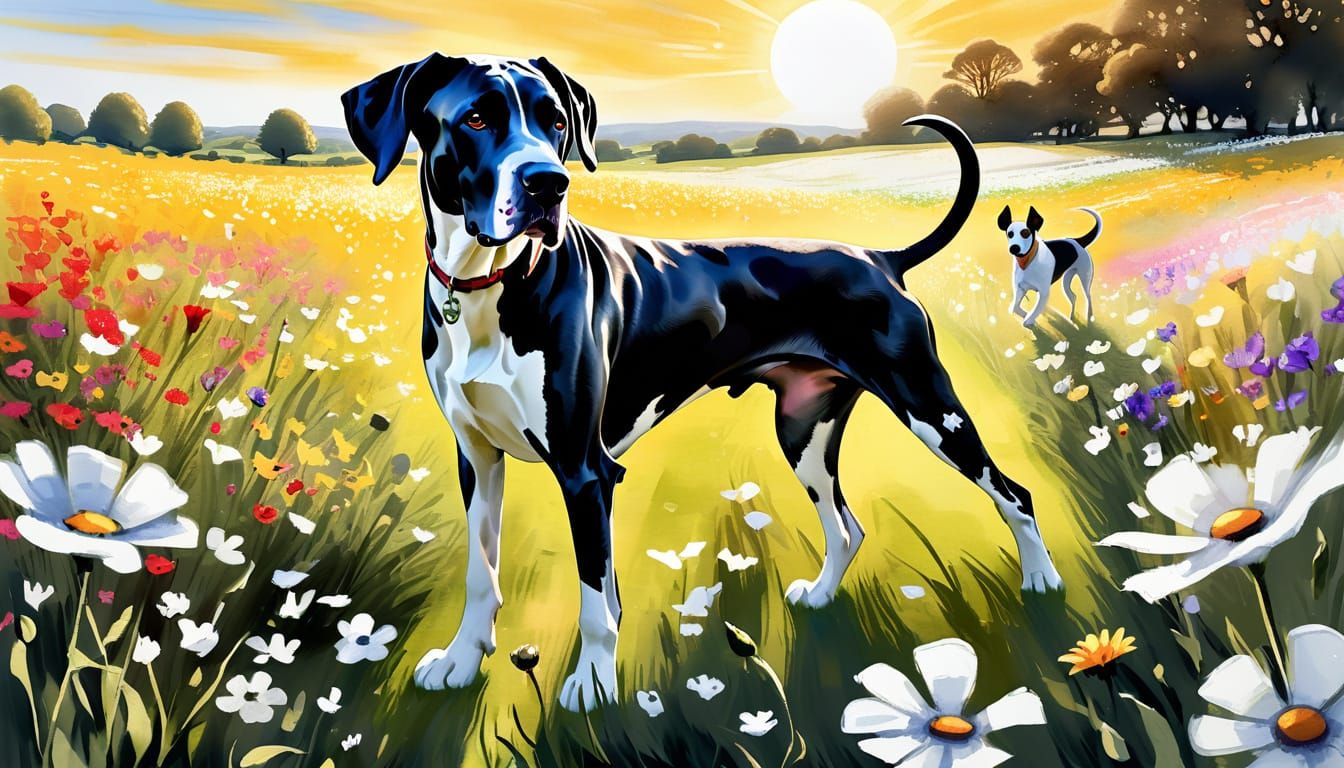 Great Dane and Jack Russell in Watercolor Flower Field