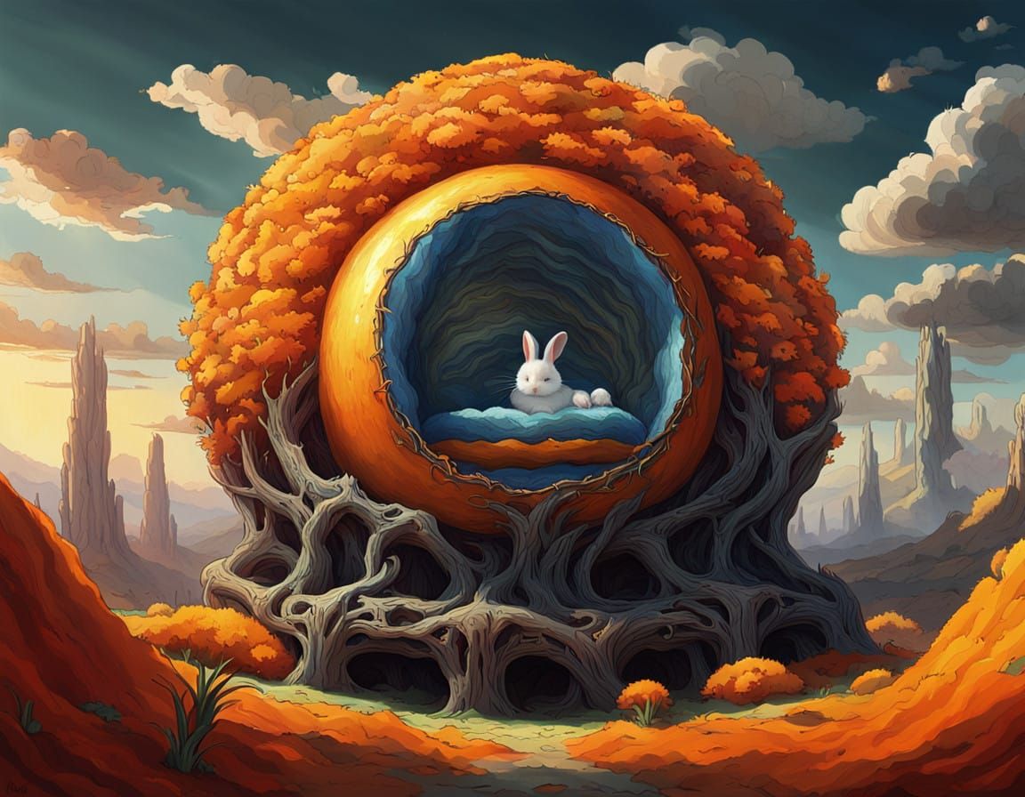 Vibrant Orange Dream World with Serene Rabbit