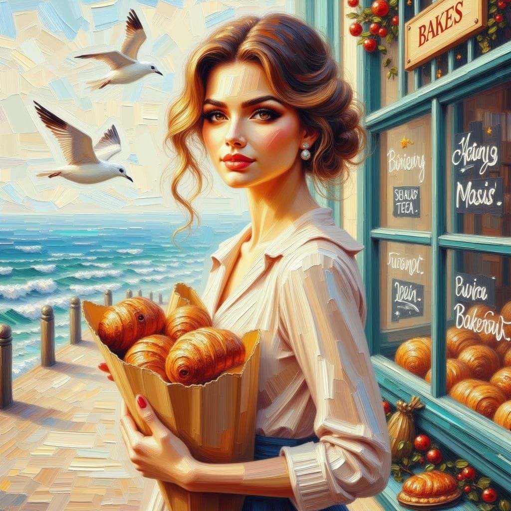 Elegant Woman Outside Seaside Bakery in Whimsical Impasto St...