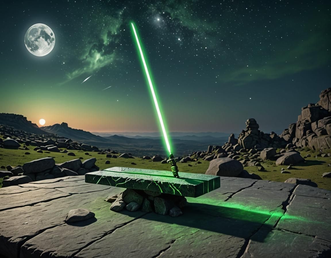 Green Laser Sword Under Moonlight: Realistic Photo