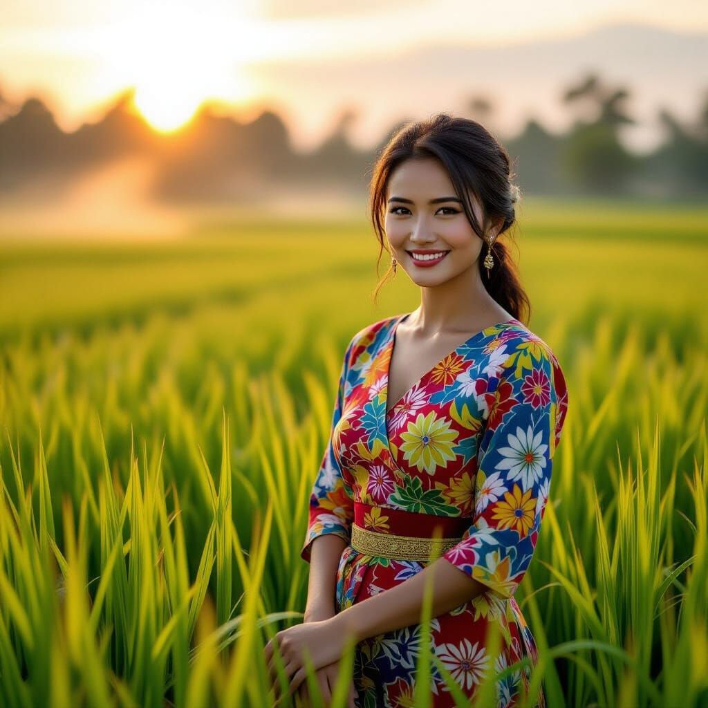 Serene Indonesian Woman in Rice Field at Sunrise