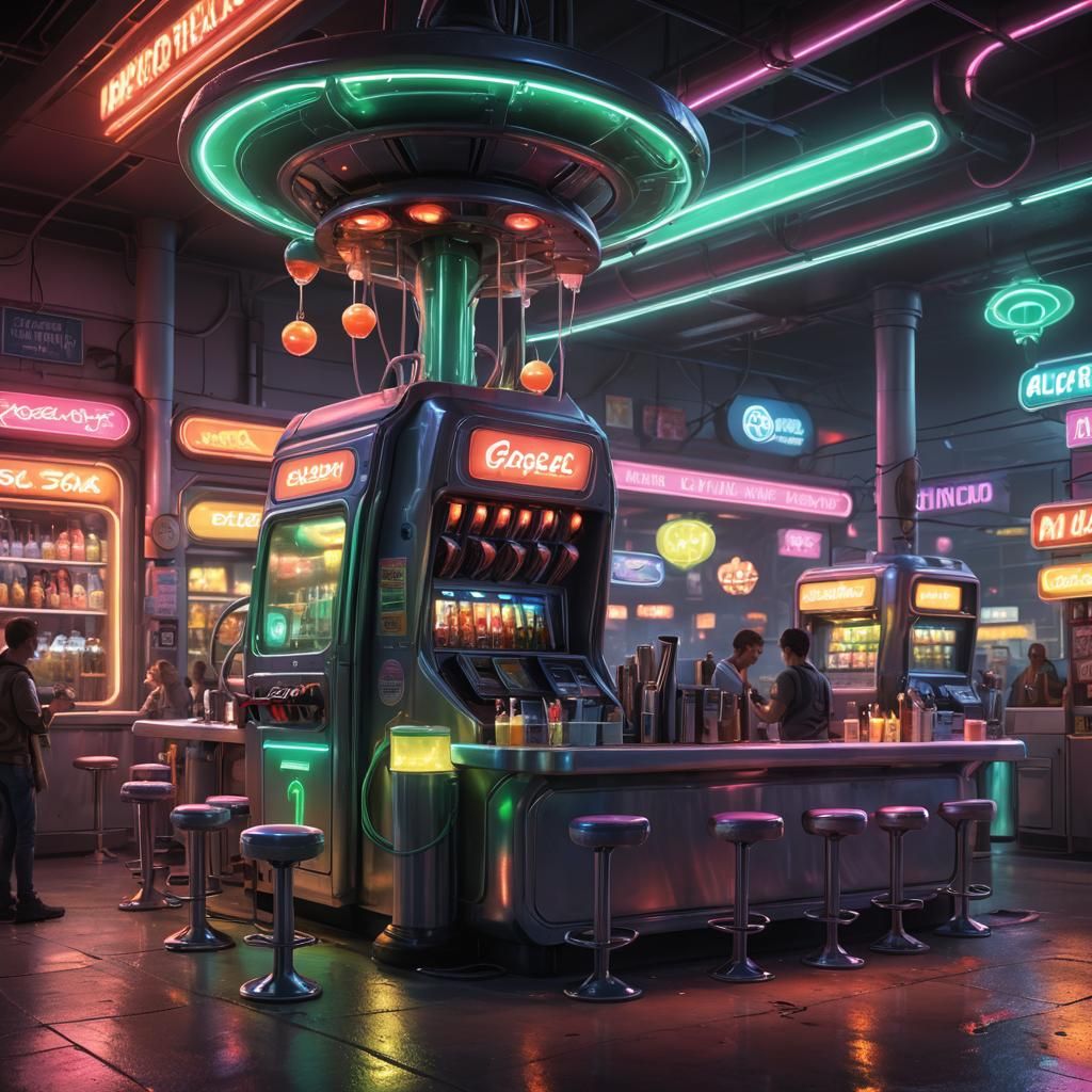 Futuristic Alien Fuel Stop in Neon-Lit Pixar Style