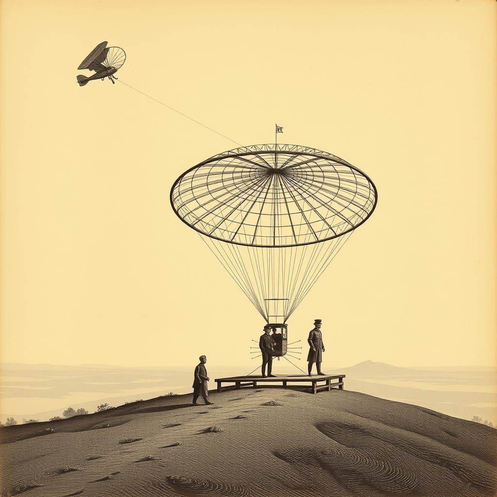 Voloplano Flight Test: 1800s Technical Lithograph