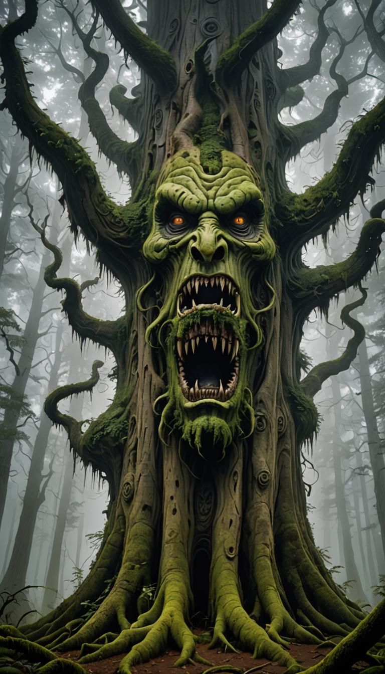 Menacing Tree Face in Fog-Covered Forest