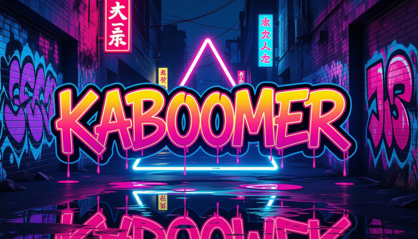 Neon Graffiti "KABOOMER" in a Synthwave Alley