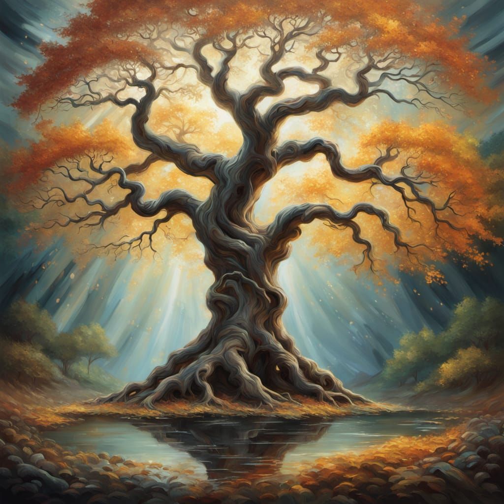 Vibrant Symbolist Tree of Life with Intertwined Yin Yang Bra...