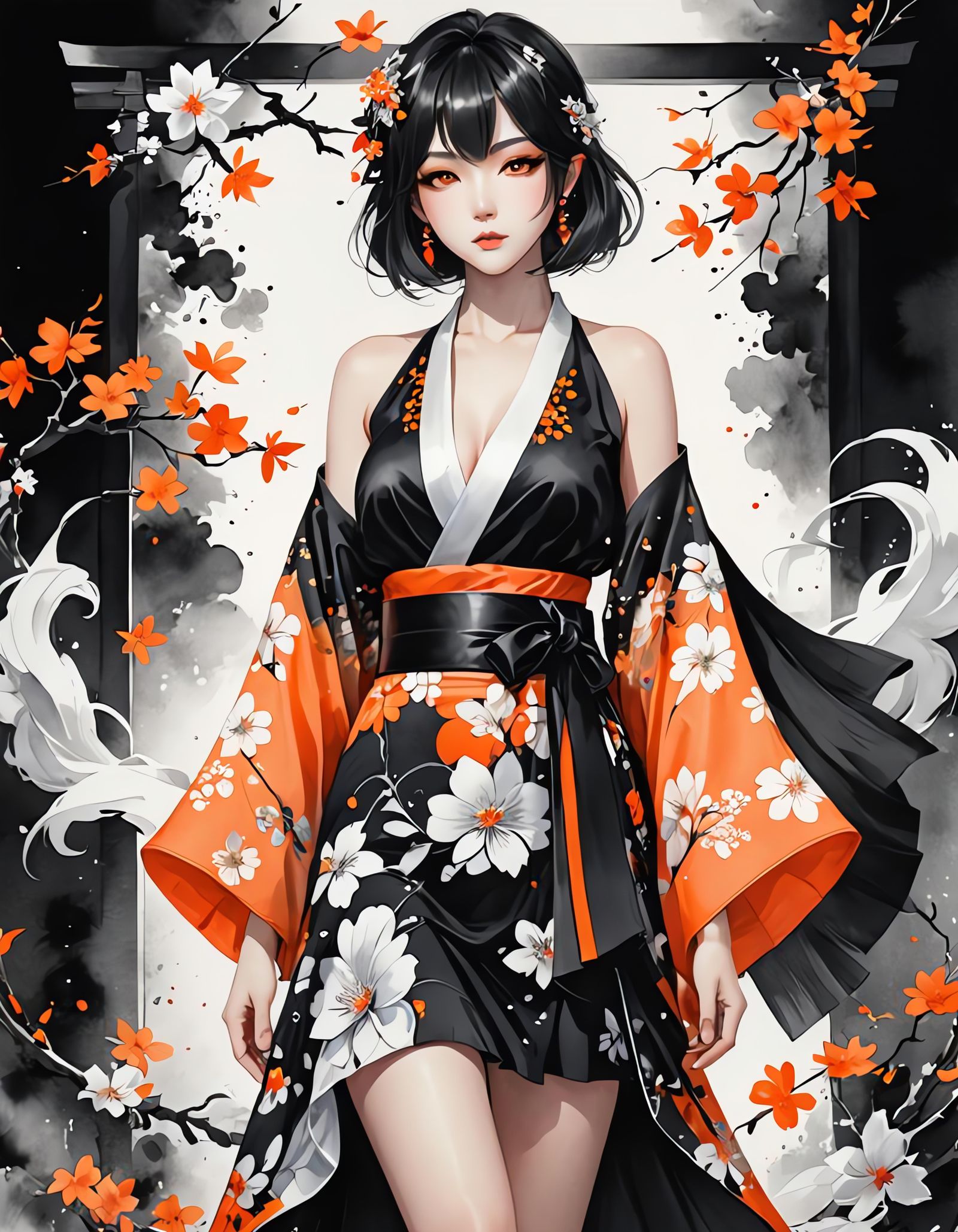 Neon Kimono in Black and White Watercolor Style