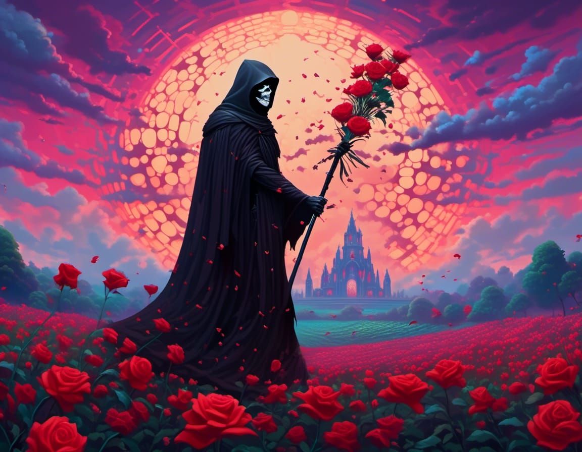 Grim Reaper in Flower Field with Rose