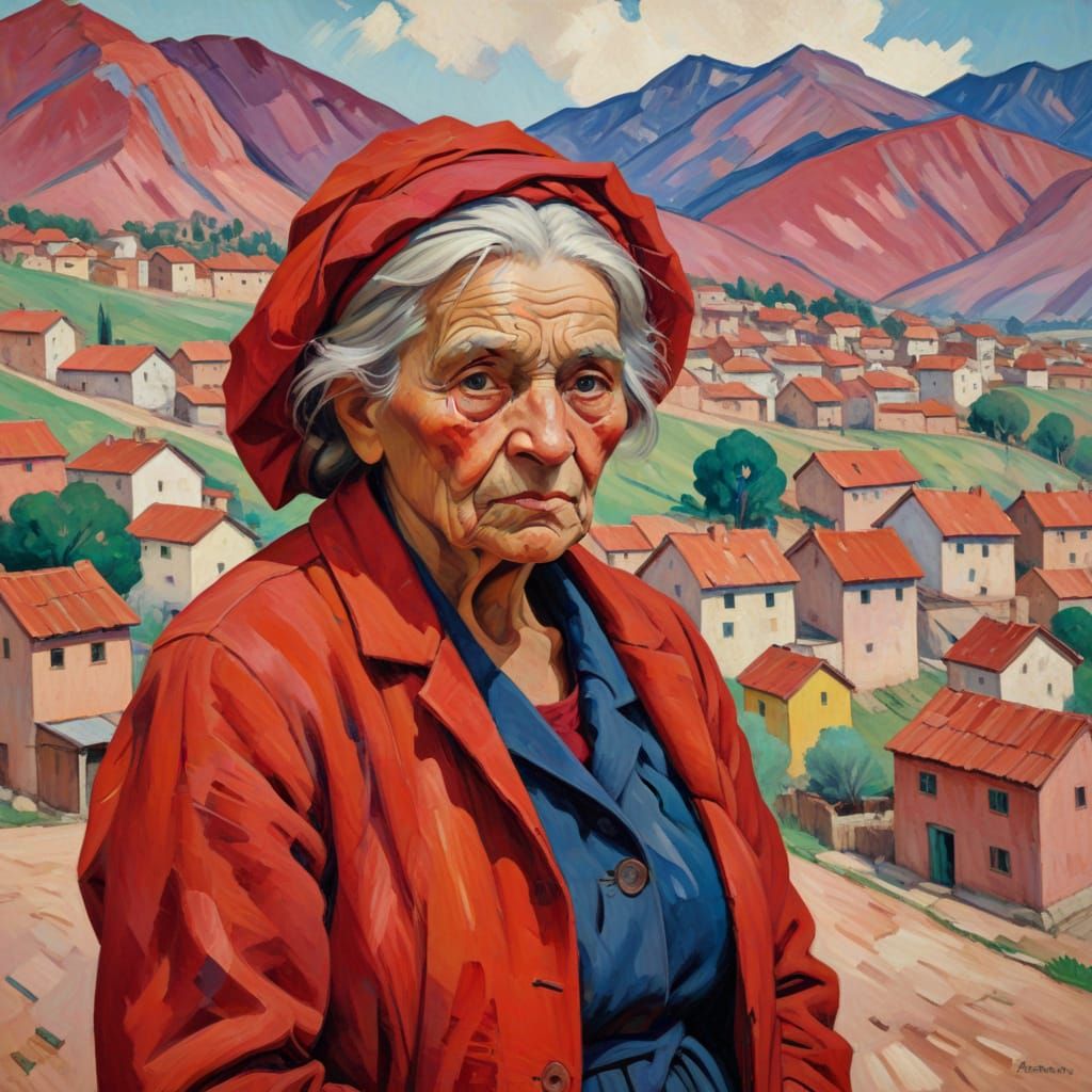 Expressionist Old Woman in Red Landscape