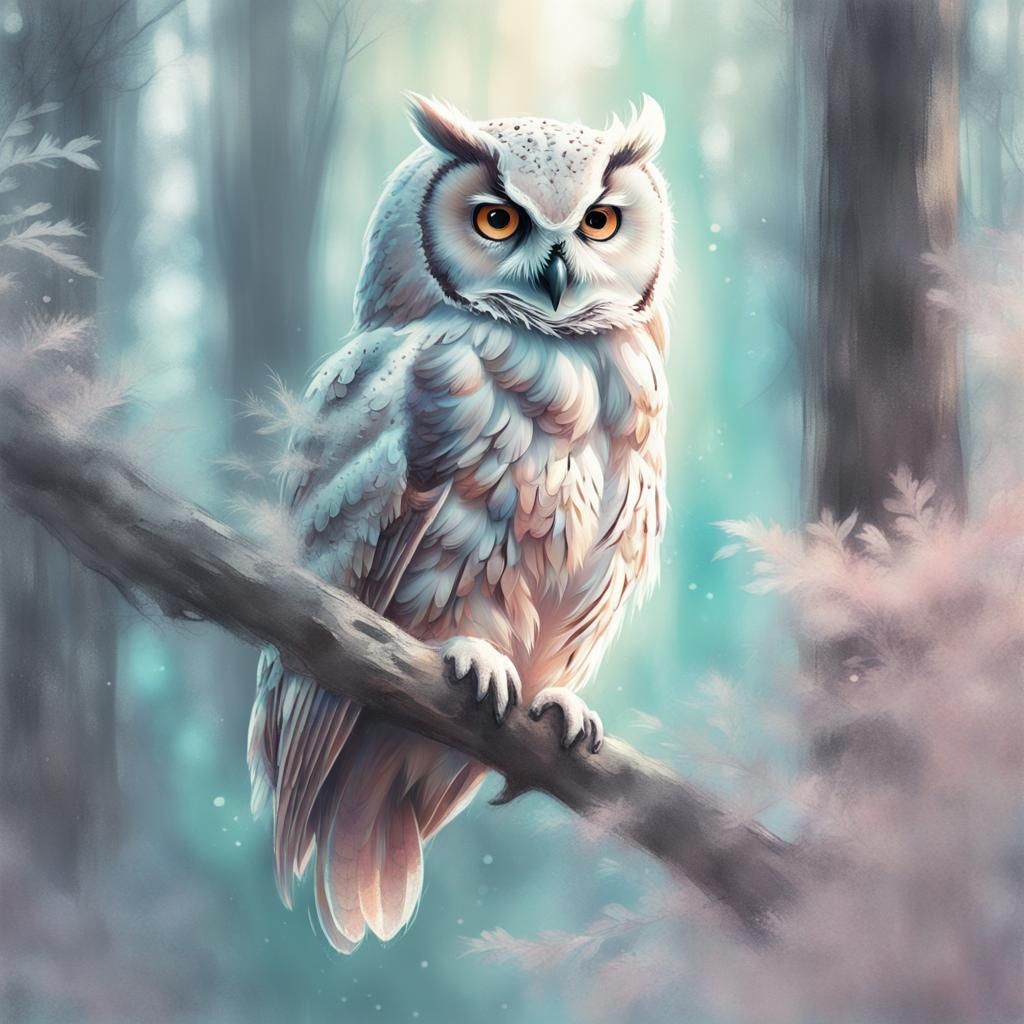 Pastel Owl in Bioluminescent Dreamcore Forest