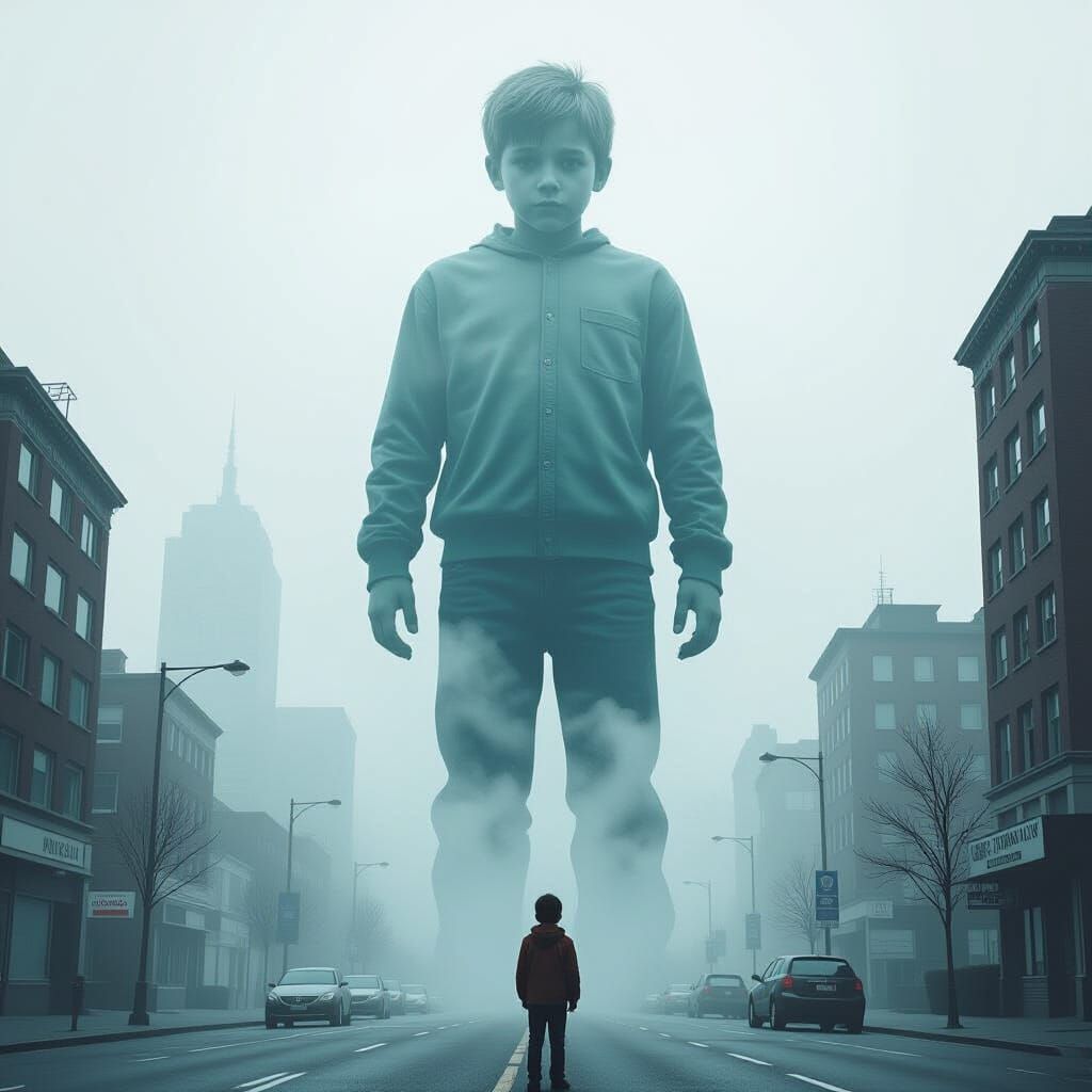 Giant Boy Towers Over City: Dreamlike Double Exposure