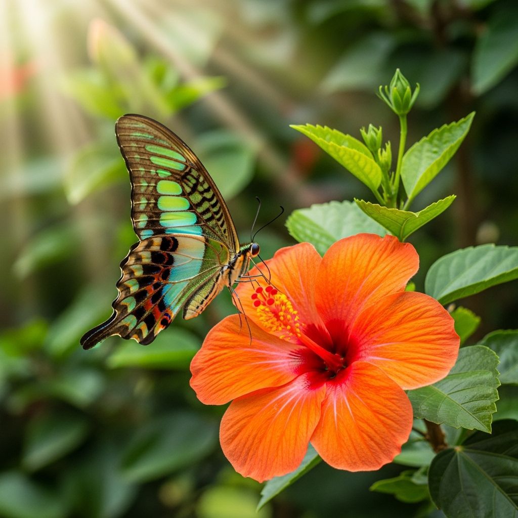 Vibrant Butterfly Pollinating Hibiscus with Godbeams