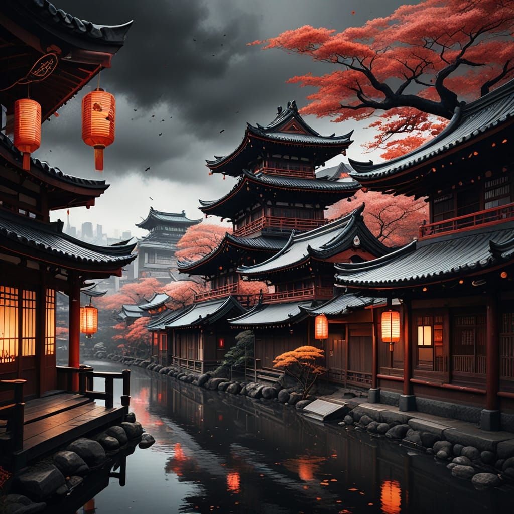 Surreal Japanese Cityscape with Ghostly Samurai and Geishas ...