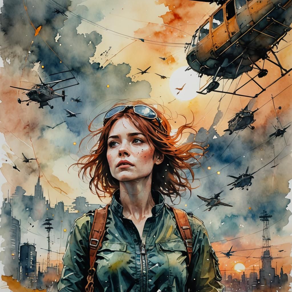 une femme rousse pilote d'hélicoptère, au coucher du Soleil