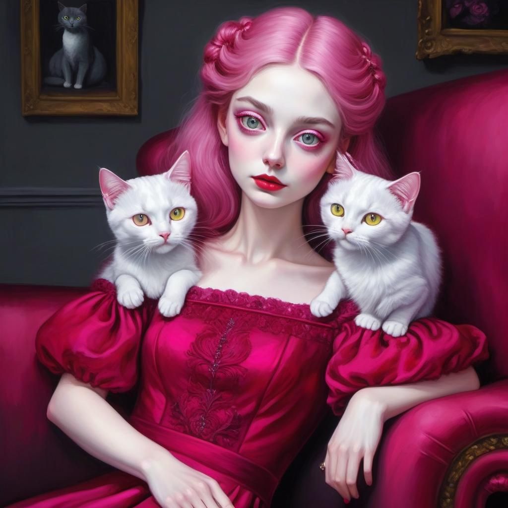 Girl with white cats, inspired by Tim Burton