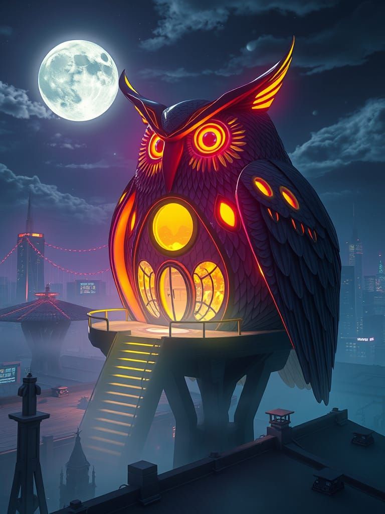 Cyberpunk Owl House in Neon Cityscape