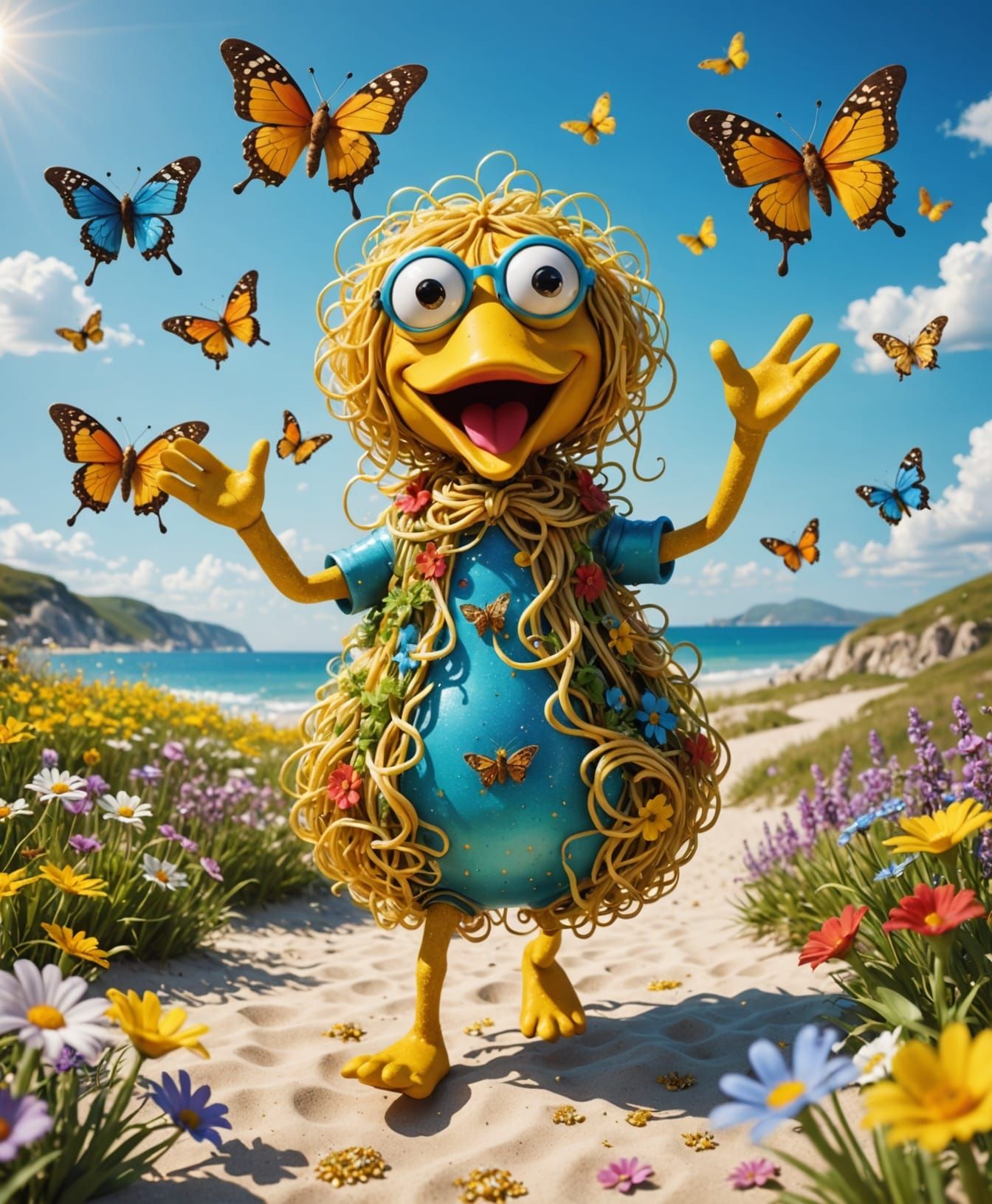 Surreal Beach Holiday Scene with Flying Spaghetti Monster