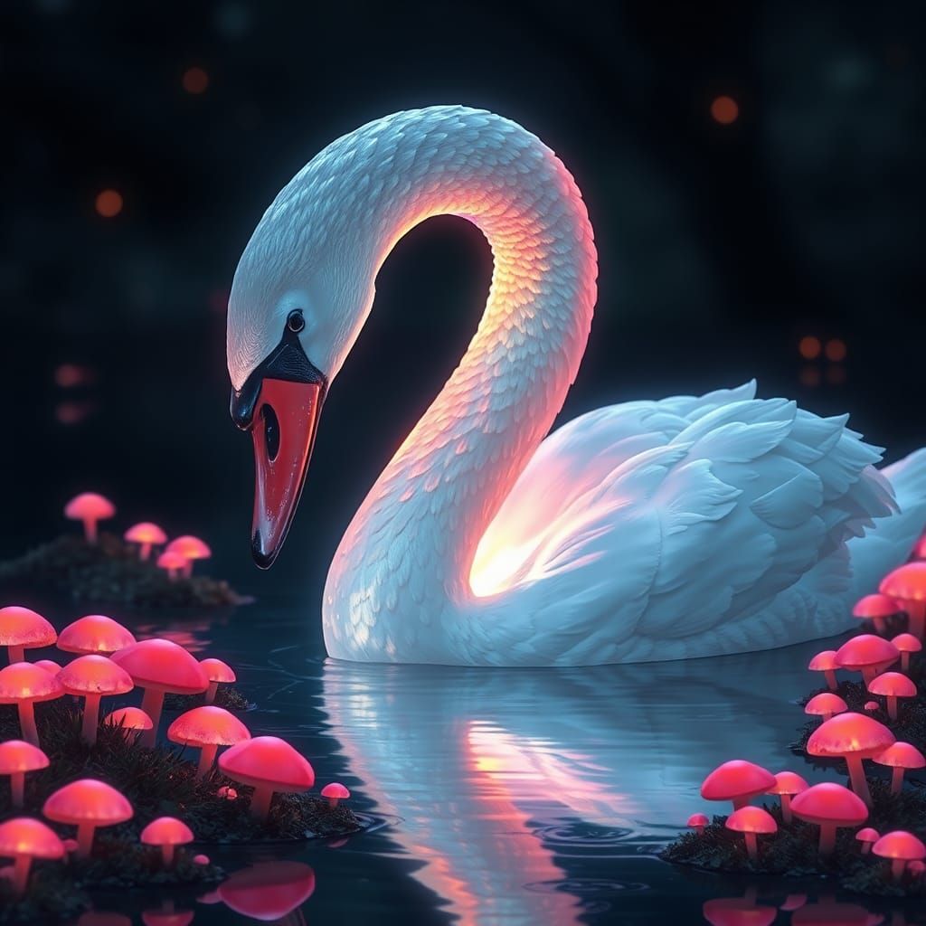 Rainbow Swan Amidst Glowing Mushrooms, Digital Art