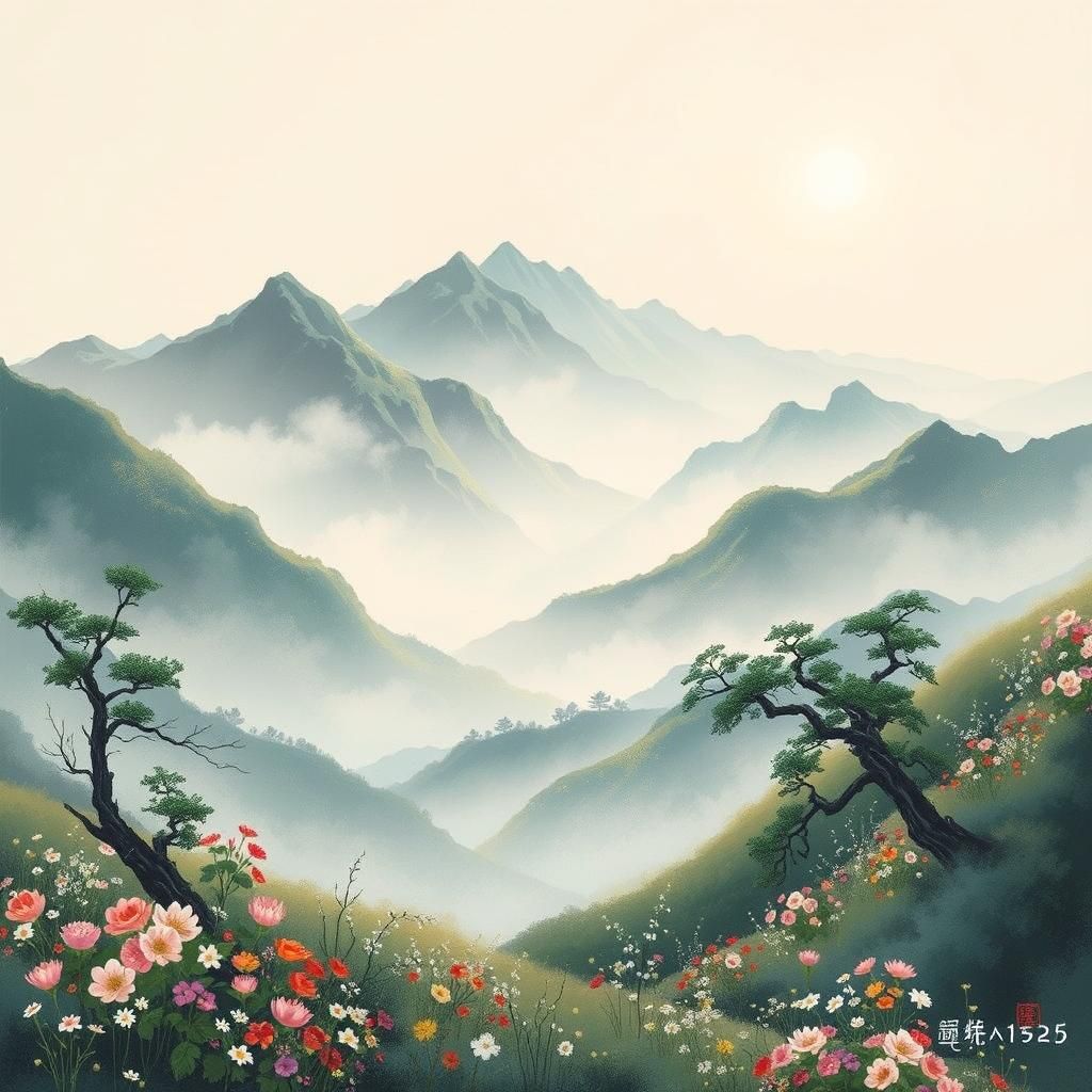 Korean Spring Mountain Landscape in Folk Art Style