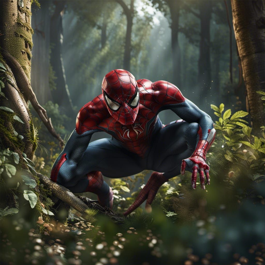 Spiderman as T-Rex in Forest: Fantasy Concept Art