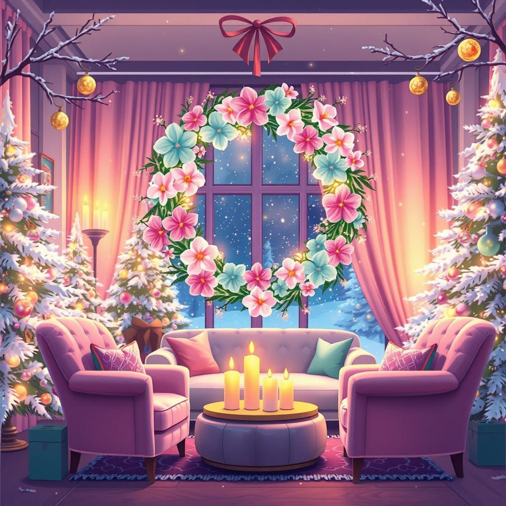 Whimsical Christmas Living Room Scene with Sakura Wreath