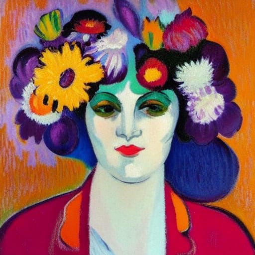 Fauvist Portrait of Woman with Floral Hairstyle