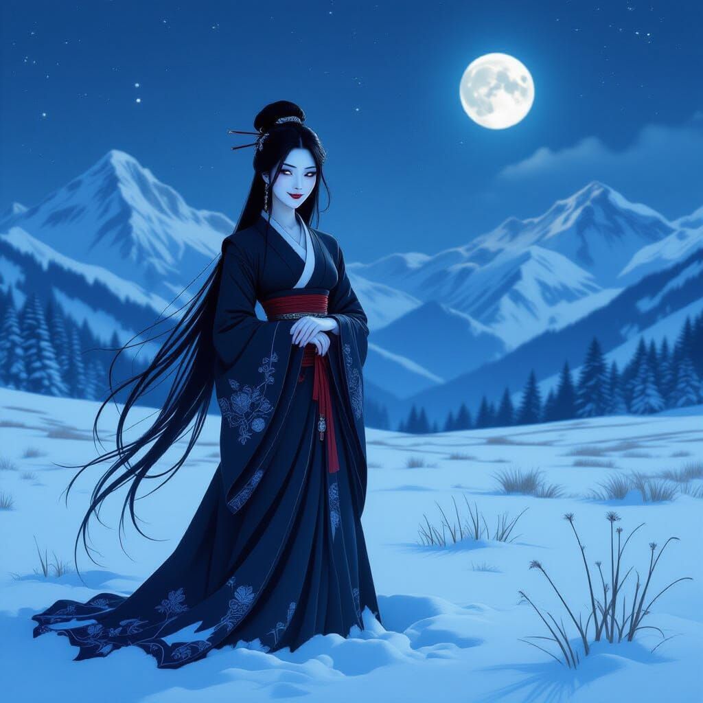Rokurokubi Woman in Snowy Field: Art Nouveau Style