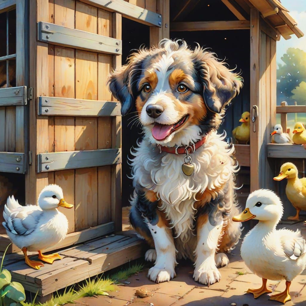 Dog Stealing Duck: Cartoonish Watercolor and Oil Painting