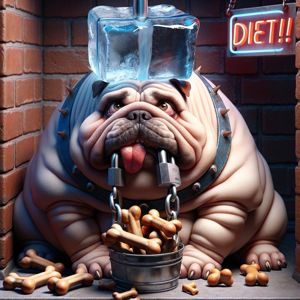 Humorous Bulldog with Ice Cube and Diet Sign