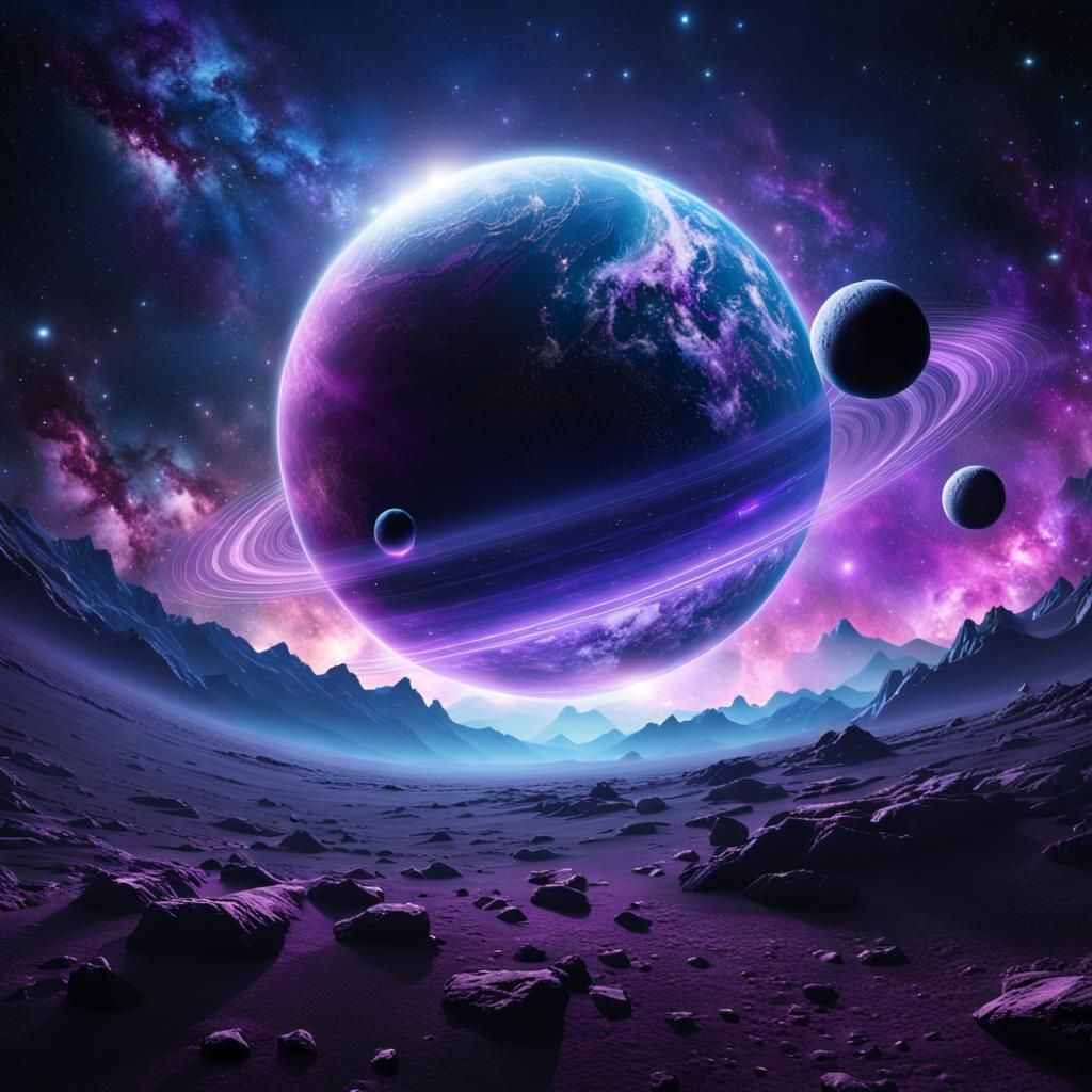 Blue and Purple Planet Drifting in Space