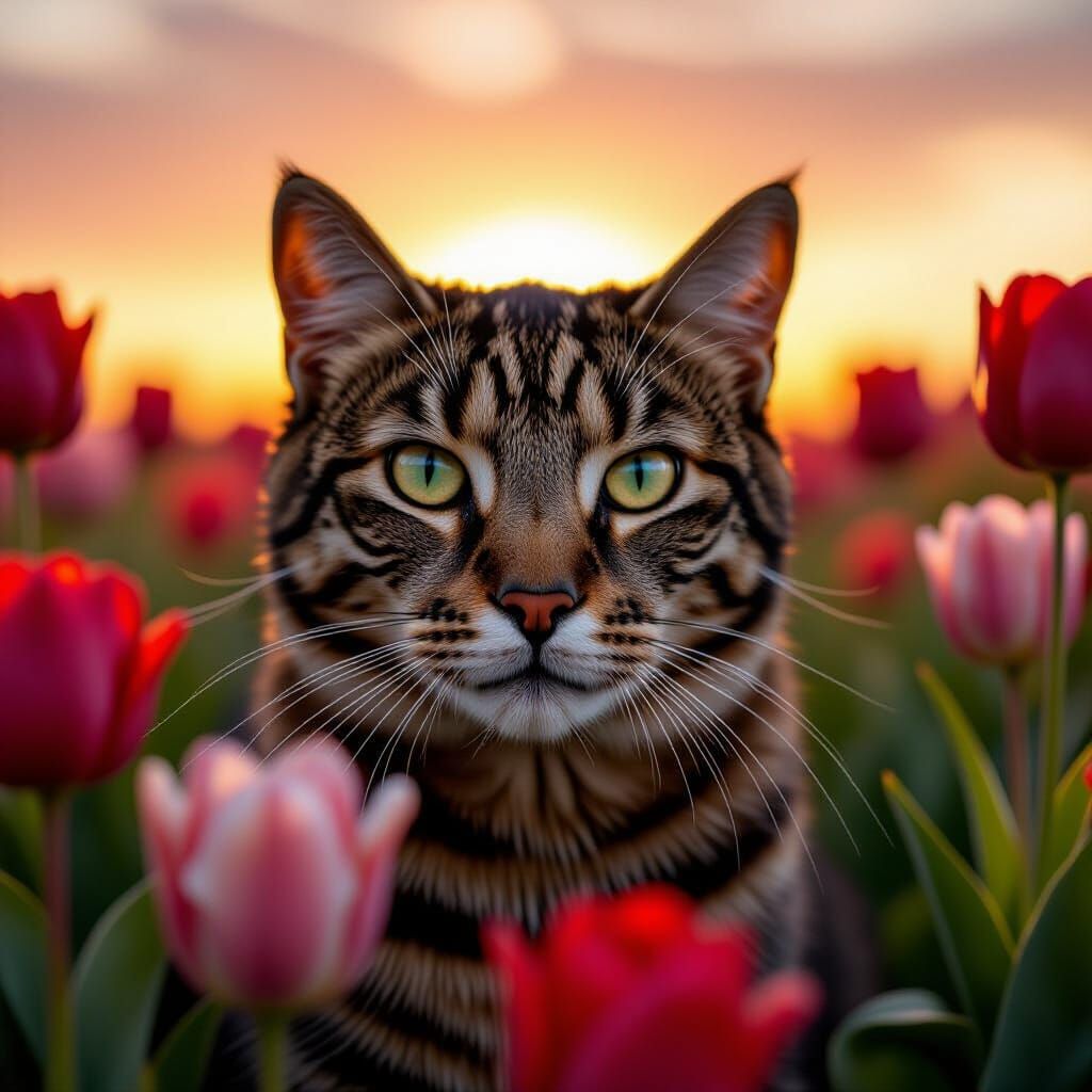 Big Cat Eyes Amidst Floral Summer Sunset