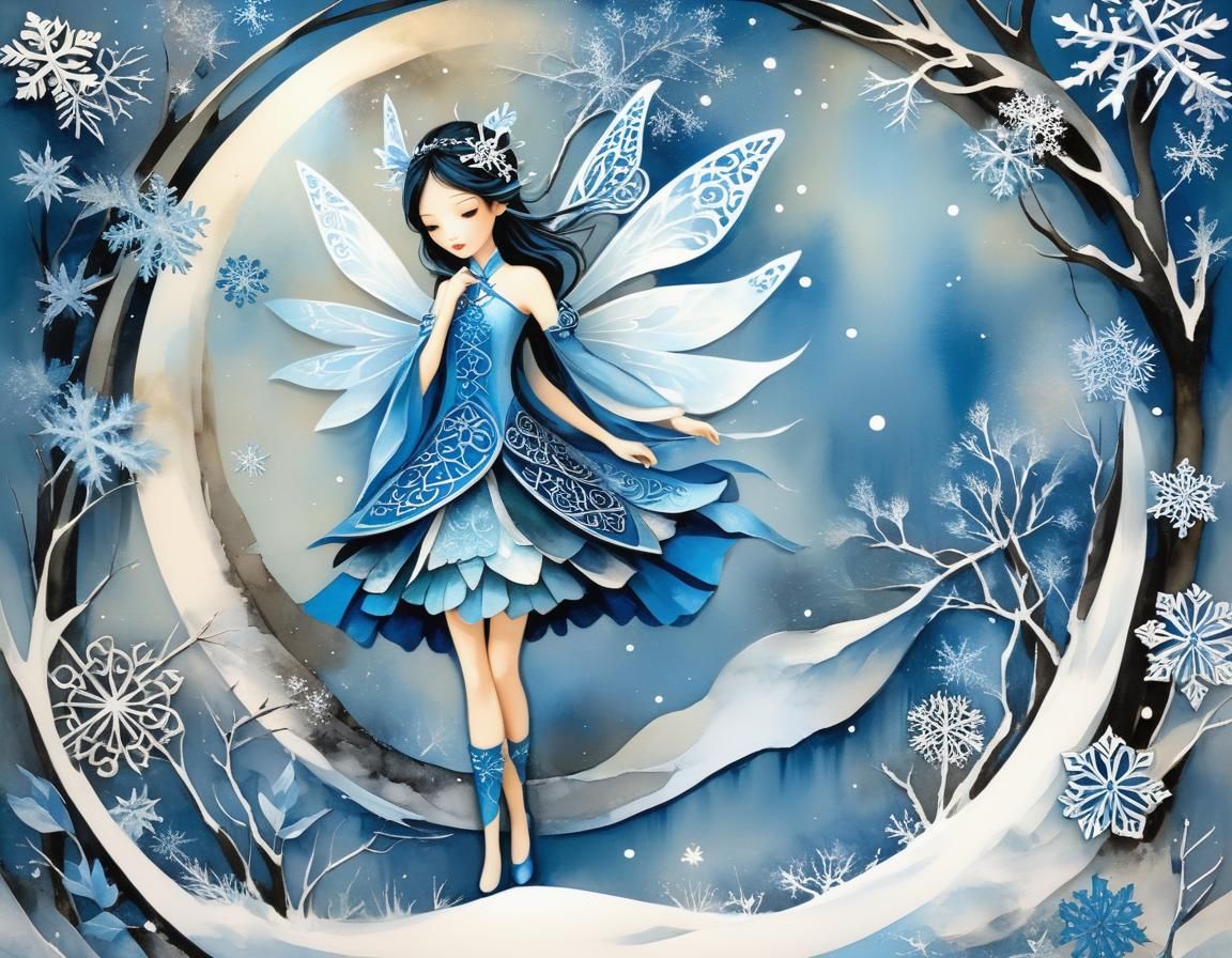 Winter Fairy Paper Collage with Chinese Ink Elements