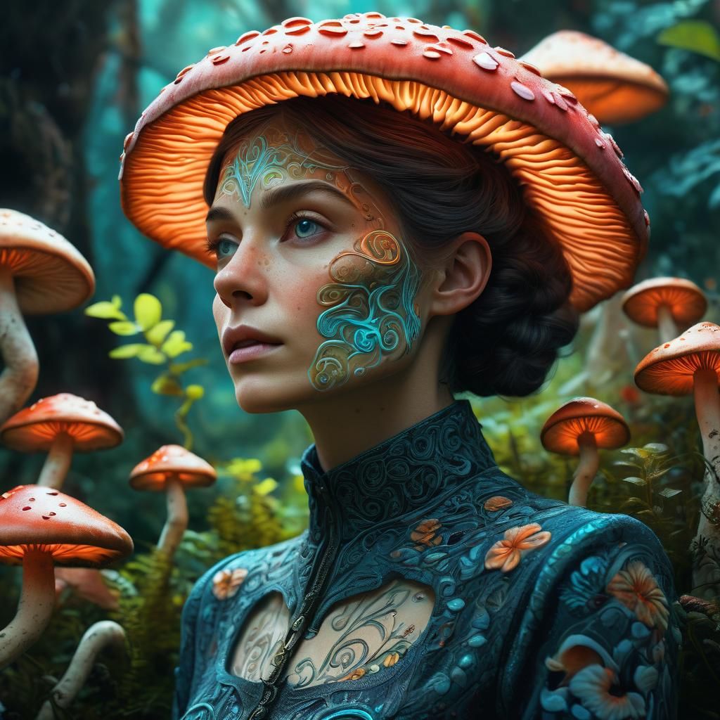 Psychedelic Victorian Woman in Dreamlike Garden