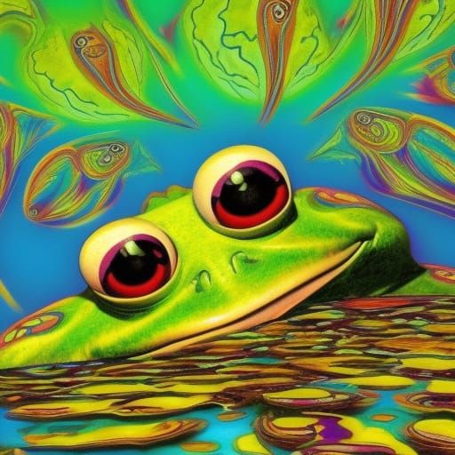 Psychedelic Frog in Pond: Trippy Digital Art