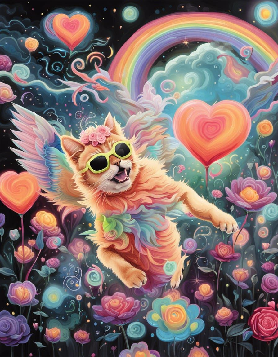 Winged Cat Jumps in Alien Rose Garden