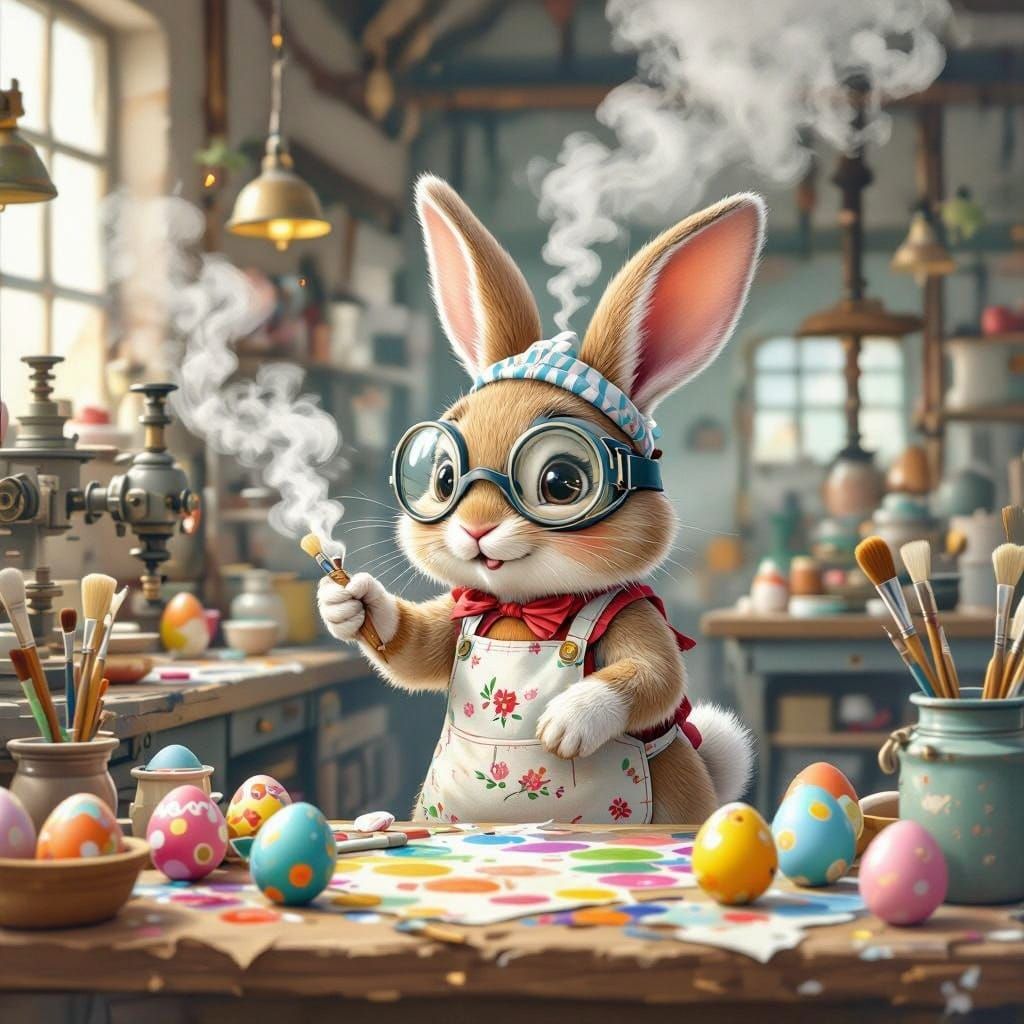Whimsical Bunny Overseeing Egg-Painting Factory in Industria...