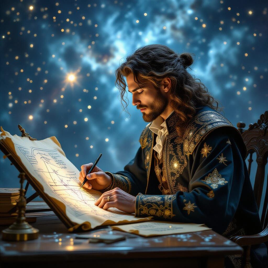 Celestial Cartographer Charting Constellations: Hyperrealist...