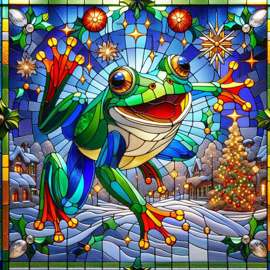 Surreal Stained Glass Window Captures Joyful Frog in Mid-Jum...