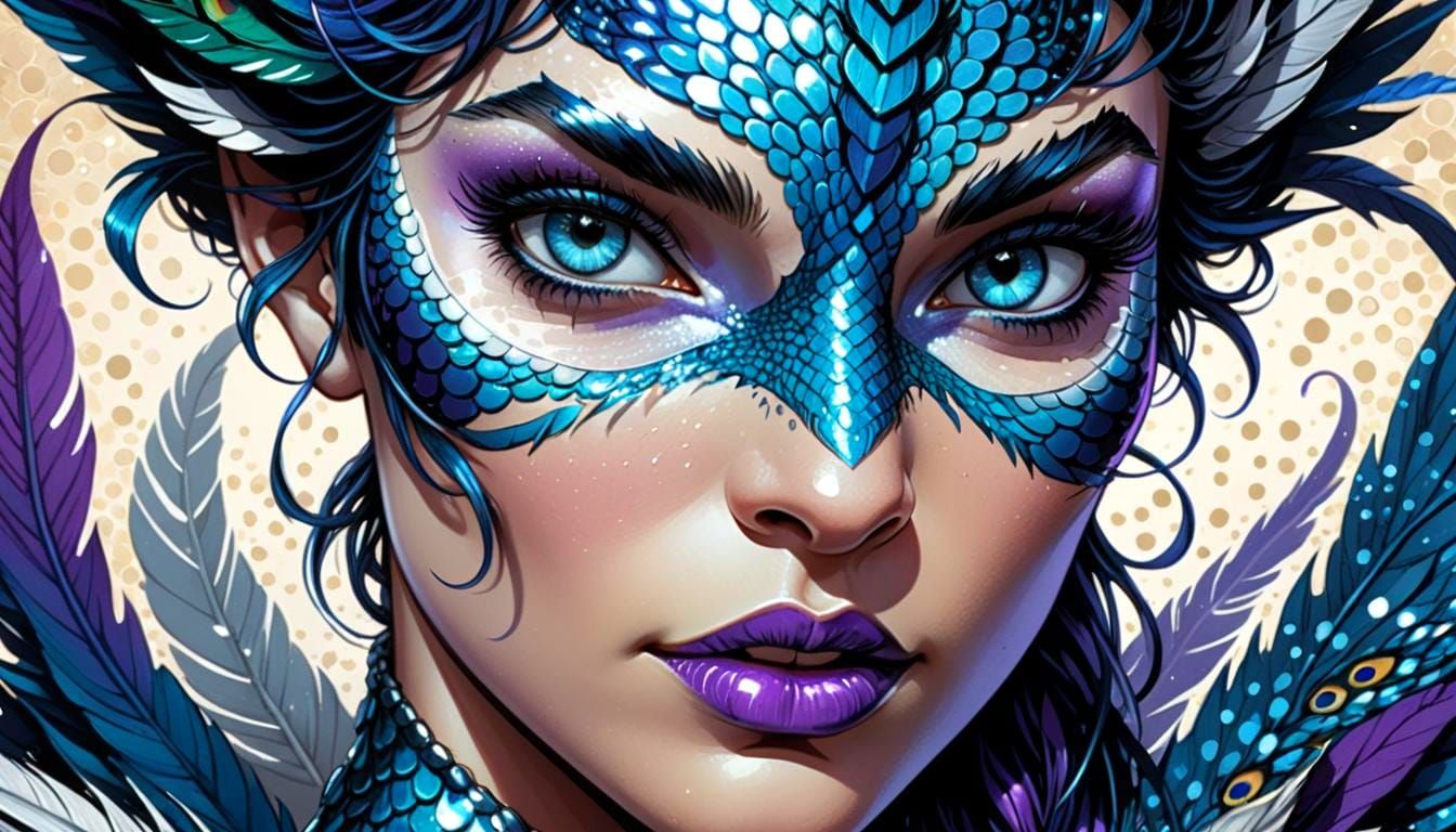 Dragon Woman with Peacock Feathers in Comic Book Art